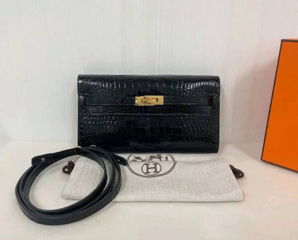 Excellence condition Kelly ToGo Wallet Croc. Alligator Noir-Shiny GHW st.U (2022)