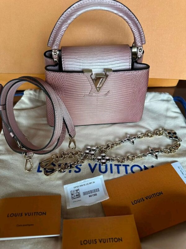 LOUIS VUITTON Mini Capucines in Metallized Sakura Pink Lizard Leather,