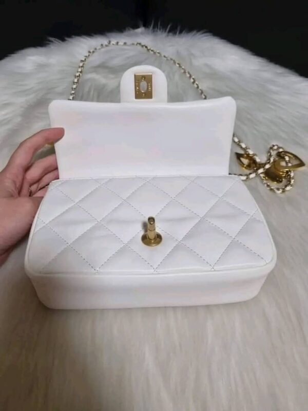 Chanel Mini Flap White Lambskin Heart Chain GHW - Image 6